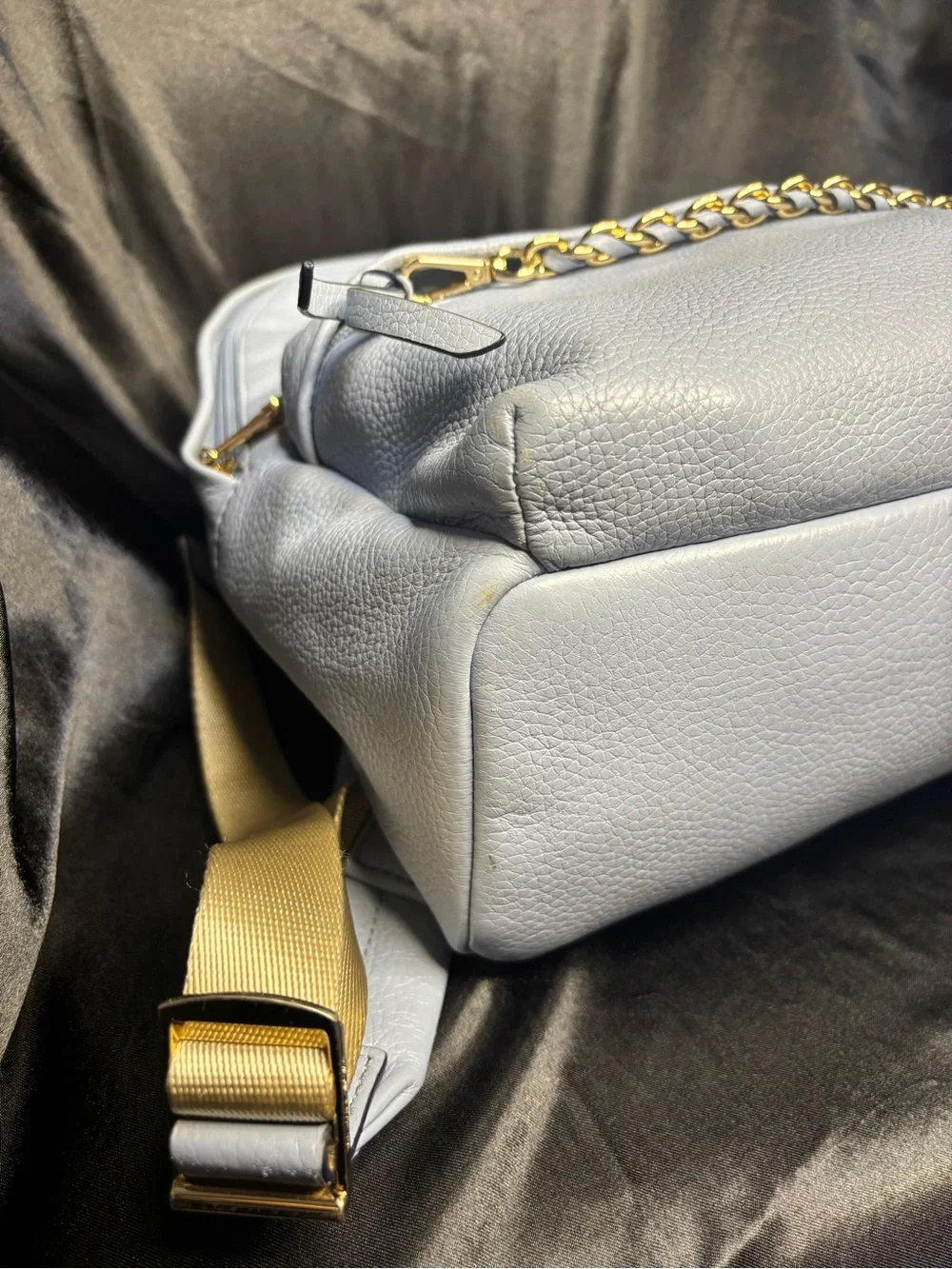 Michael Kors Slater Medium Pebbled Leather Backpack in a pale blue with dust bag